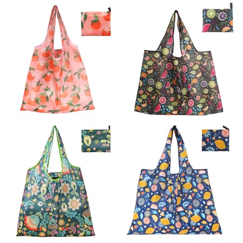 Foldable Reusable Shopping Bags with Fruit Patterns - Travel & Grocery Totes, Pack of 4