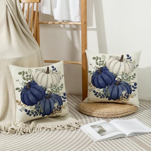 Fall Blue Pumpkin Pillow Covers 16x16 Inch Set of 2 - Farmhouse Decor