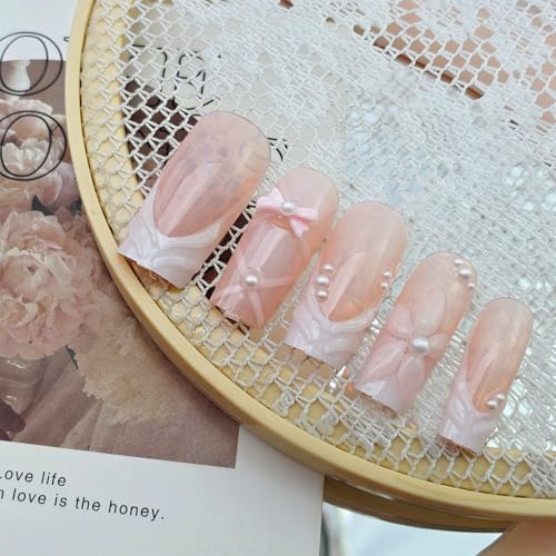 White French Tip Press On Nails Medium Square 3D Flower Bow False Nails
