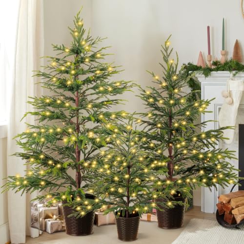 Pine Leaves Artificial Christmas Tree Set of 3 - 2ft, 3ft, 4ft Twinkle LED Holiday Decor