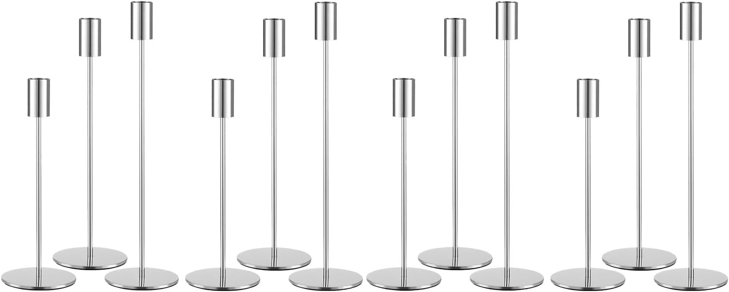 Regine Switzerland Set of 12 Silver Taper Candle Holders - Elegant Metal Design for Weddings & Home Decor