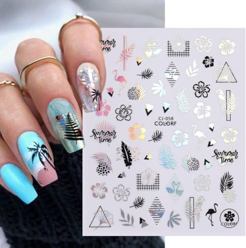 Qdsuh Summer Nail Decals - Holographic Palm Tree & Tropical Stickers, 8 Sheets