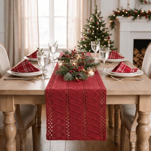 Rose Red Woven Farmhouse Table Runner 12x120 Inch - Durable Cotton Polyester