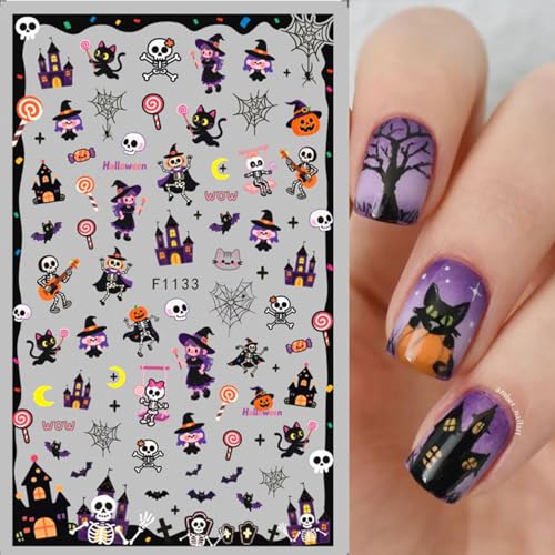 TailaiMei Halloween Nail Stickers - 5 Sheets Pumpkin & Bat Self-Adhesive Decals