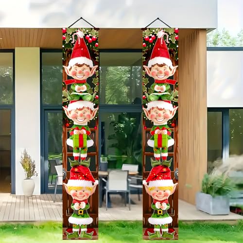 BlissYard Christmas Elf Porch Banner 12x71 Inch Outdoor Holiday Door Decor