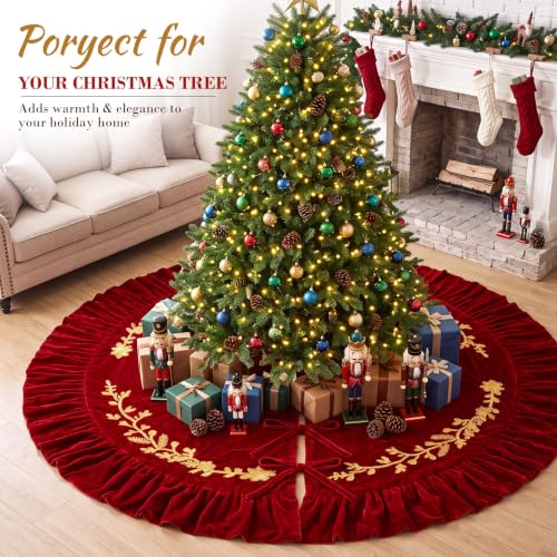 84 Inch Burgundy Velvet Christmas Tree Skirt with Gold Embroidery - Xmas Decoration