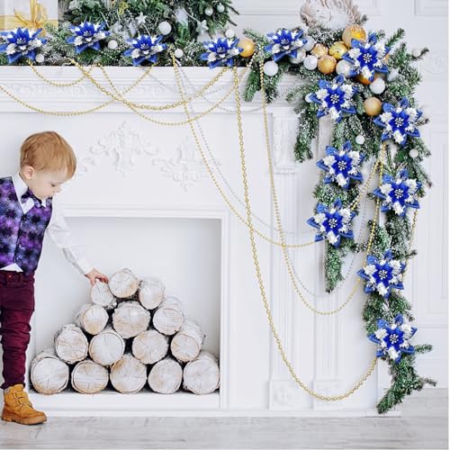 108 Pieces Christmas Glitter Poinsettia Flowers with Clips & Stems - Navy Blue