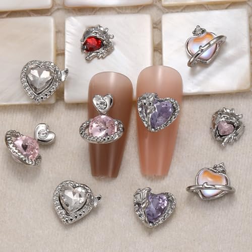 Sutaozhi 12Pcs 3D Silver Heart Nail Charms and Rhinestones for DIY Manicure