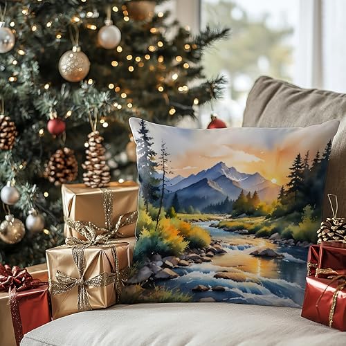 Boho Abstract Mountain Pillow Cover 18x18 - Watercolor Nature Decor