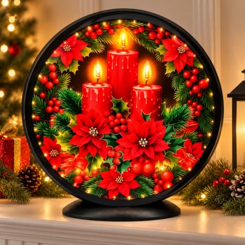 Christmas Candles - No Music Lighted Holiday Centerpiece with Poinsettia & Candle Design - Wall & Tabletop Decor