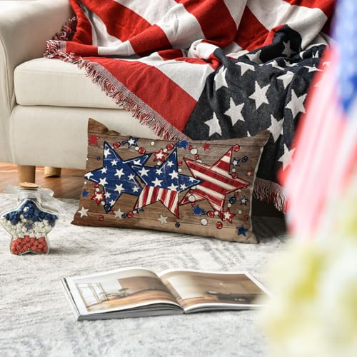 Brown 12x20 Inch Patriotic Stars Throw Pillow Cover 4th of July Memorial Day Decor