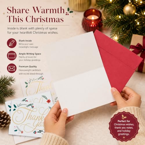50 Pack Christmas Thank You Cards with Gold Foil & Envelopes - 4x6 Inches