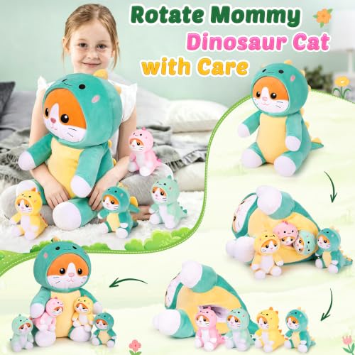 Dinosaur Cat Plush Family Set - Large Mommy & 4 Baby Kittens Kawaii Pillow - Kids & Adults Gift