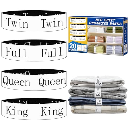 20 Pack Elastic Bed Sheet Organizer Bands with Size Labels - Combo