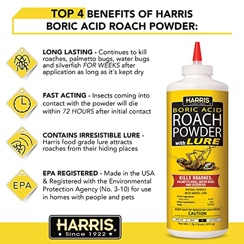 HARRIS Boric Acid Roach & Silverfish Killer Powder with Lure 16oz - Pack of 1