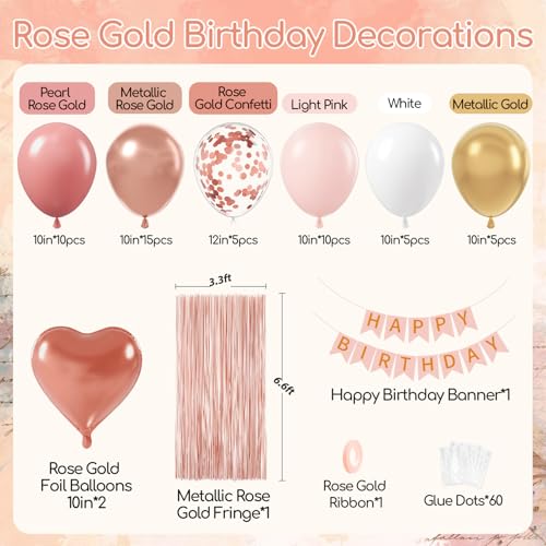 Rose Gold Birthday Decorations Set with Balloons, Banner and Fringe Curtain