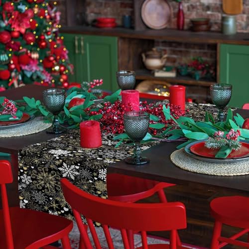Black Christmas Snowflake Table Runner 13x72 Inches Cotton Linen Holiday Decor - Black