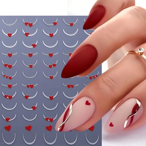 Valentine's Day Heart Nail Art Stickers - 6 Sheets 3D Self-Adhesive French Tip & Red Hearts
