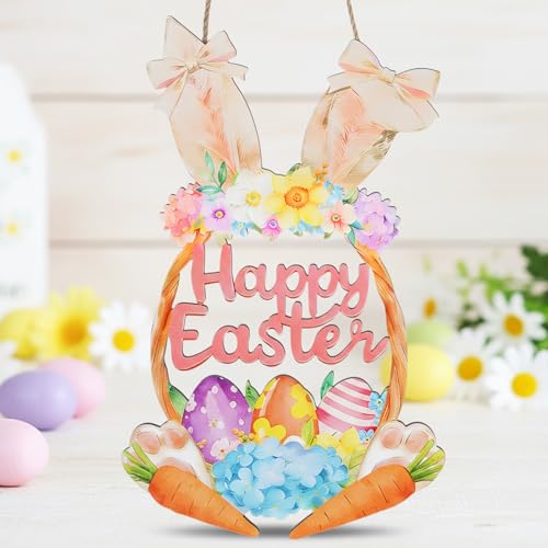 Colorful Wooden Easter Wreath with Rabbit & Floral Accents