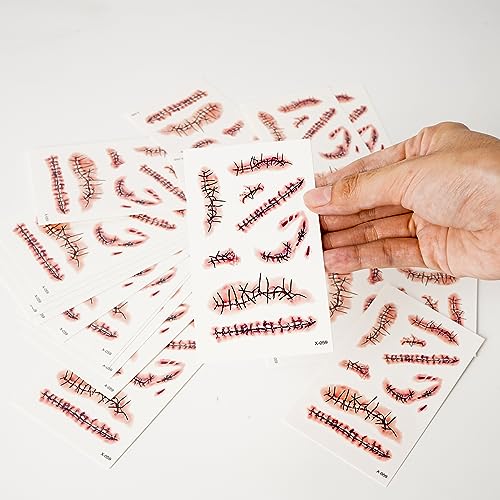 Halloween Zombie Temporary Tattoos - 20 Sheets Realistic Scars & Stitches
