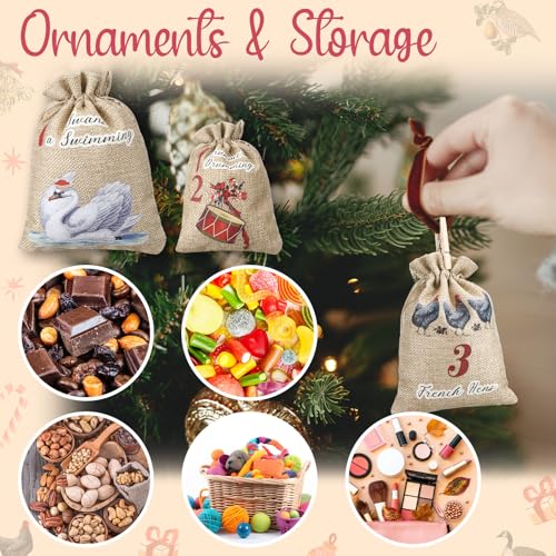 12Pcs 12 Days Christmas Countdown Advent Calendar Bags Classic - Reusable Burlap Holiday Decor