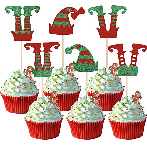 Christmas Elf Cupcake Toppers Glitter Merry Santa Hat Elf Legs Design 18 - 24 Pack