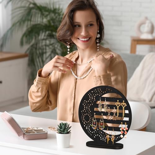 Kathfly 10-Inch Wooden Moon Earring Stand - Black Boho Jewelry Organizer
