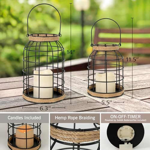Black Rustic Farmhouse Lantern Set of 2 with LED Candles - Indoor Outdoor Decor
