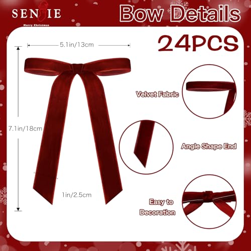 24Pcs Velvet Christmas Bows for Tree Decor Burgundy 1 Inch Width