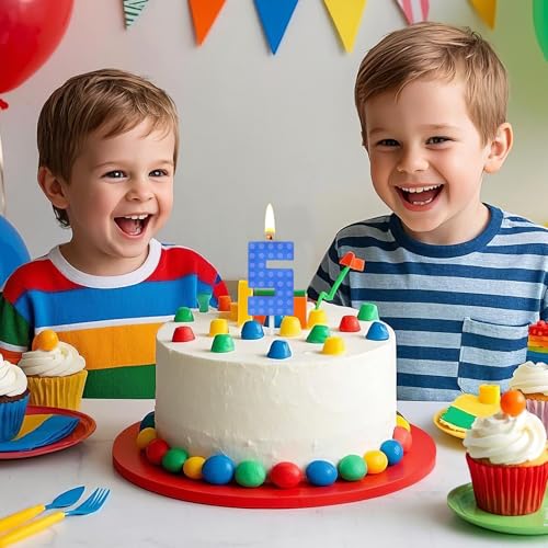 Blue Number 5 Birthday Candle - Building Block Cake Topper