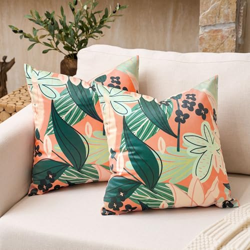 Tyrot Boho Floral Velvet Throw Pillow Covers, 18x18 Coral (Set of 2)