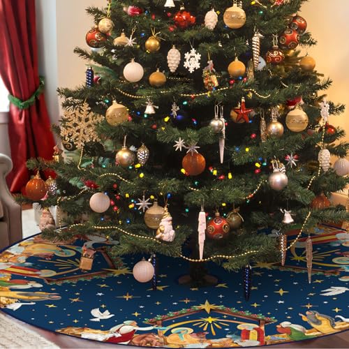 Religious Jesus Nativity Scene Christmas Tree Skirt 36 Inch Navy Blue Holiday Decor