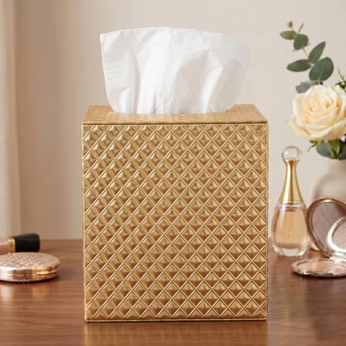 SUNYUROU Square Gold Tissue Box Cover, PU Leather Magnetic Tissue Holder