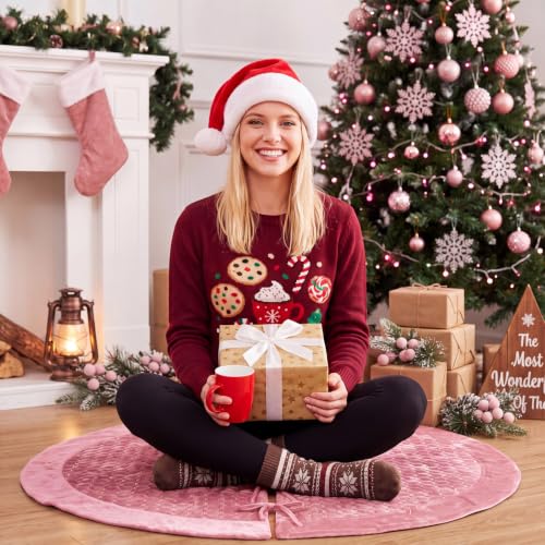 Pink Velvet Christmas Tree Skirt 48 Inch Quilted Holiday Decor