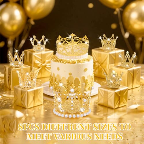 KICOSY Gold Mini Crowns Set - 8 Pcs for Cake & Bouquet Decorations