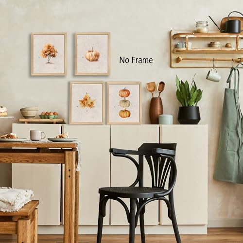Fall Autumn Wall Art Prints Set of 4 - Vintage Pumpkin Maple Leaf Posters 8x10