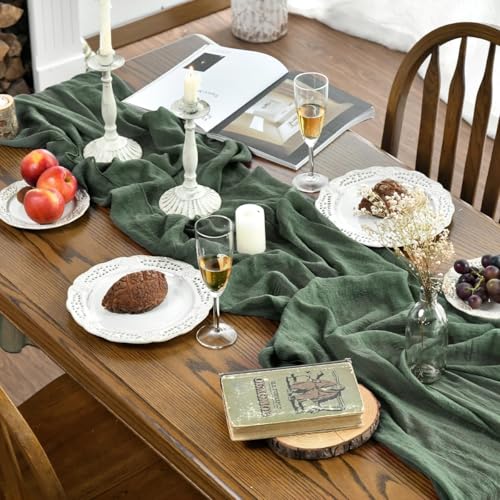 120 Inch Forest Green Boho Cheesecloth Gauze Wedding Table Runner - Seasonal Home Decor