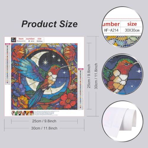 Hummingbird Diamond Art Painting Kit, 5D Full Drill Round Moon Flowers 12x12"