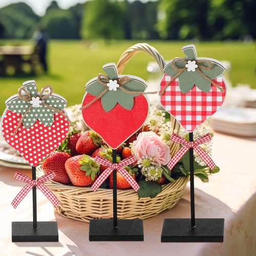 3-Piece Strawberry Wooden Table Decor Centerpieces