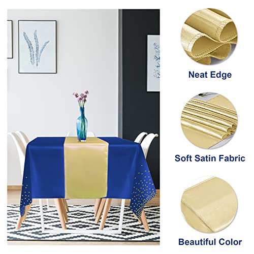 Blue and Gold 8-Pack Disposable Plastic Tablecloths with Satin Table Runner Set for Weddings and Parties