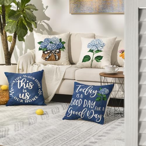 Blue Hydrangea Throw Pillow Covers - 18x18 Inch Set of 4