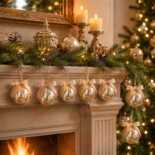 Halloscume Vintage Christmas Glass Ornaments - Champagne Mercury Glass Balls, 4 Inch, Set of 8