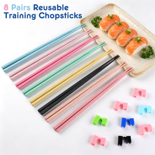 Training Chopsticks Set for Beginners - 8 Pairs with Clip-On Helpers