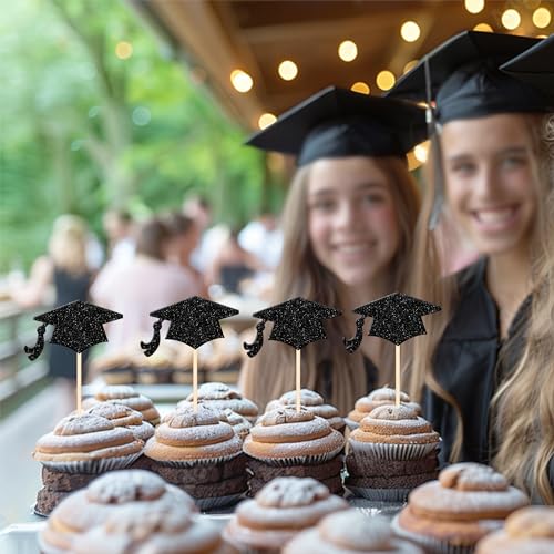 2026 Graduation Cupcake Toppers - Black Glitter 36 PCS