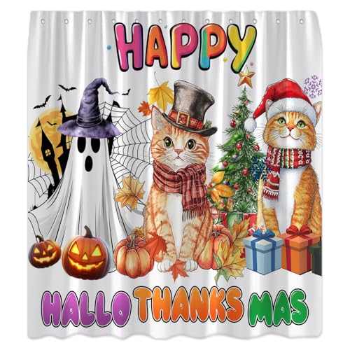 Happy Hallothanksmas Cat Ghost Shower Curtain 70x70, White Holiday Decor