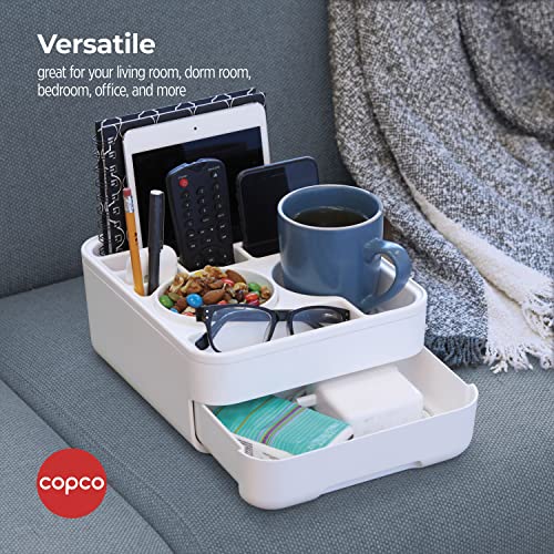 Copco Couch Caddy Organizer with Removable Snack Cup - Versatile Storage Solution for Remotes, Glasses, Snacks, and More, White