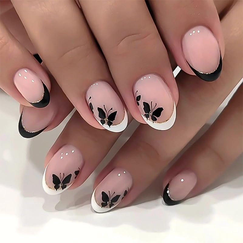 Short Press on Nails French Tip with Butterfly Design Fake Nails Kit