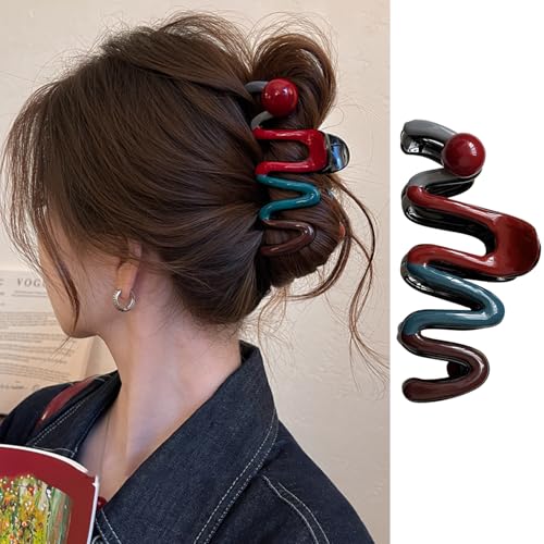 FRUZJAY Wavy Acrylic Hair Claw Clip with Red Beads Strong Hold Nonslip