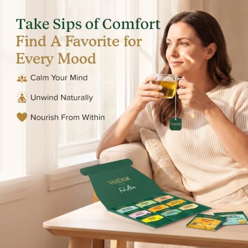 VAHDAM Assorted Herbal Tea Sampler - 18 Tea Bags, 9 Flavors, Caffeine-Free & Non-GMO - Pack of 1