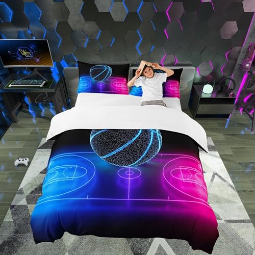Basketball Duvet Cover Set Twin Size, Neon Blue & Purple Kids Bedding